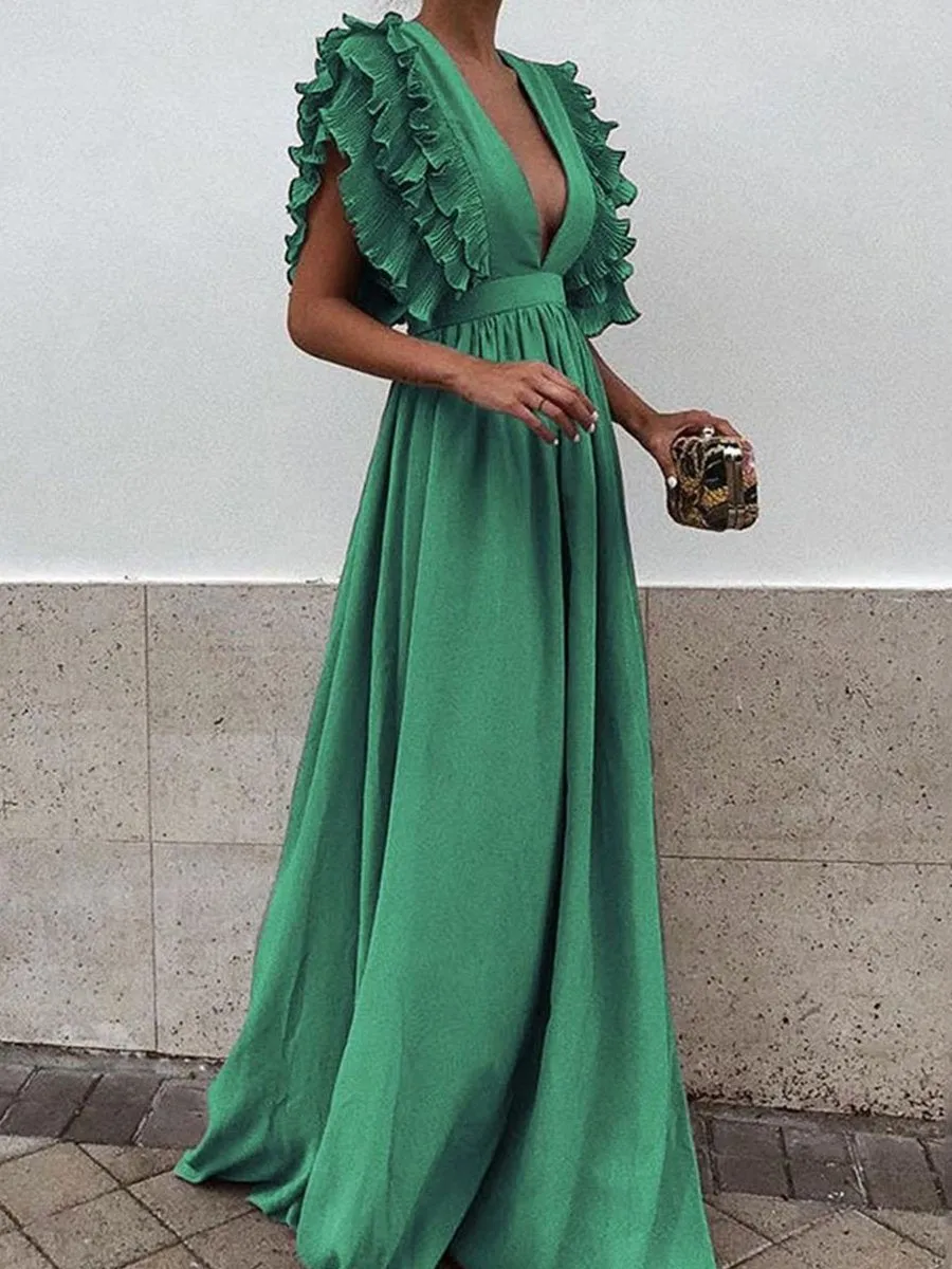 Ruffle Sleeve Plunge V-neck Solid Maxi Dress