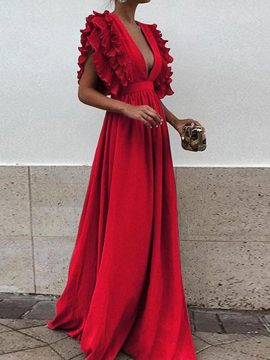 Ruffle Sleeve Plunge V-neck Solid Maxi Dress