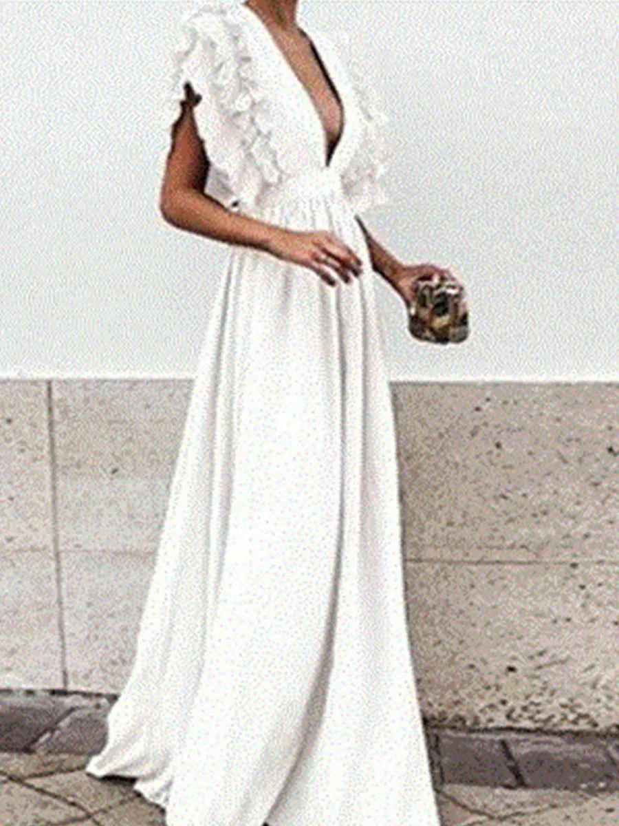 Ruffle Sleeve Plunge V-neck Solid Maxi Dress