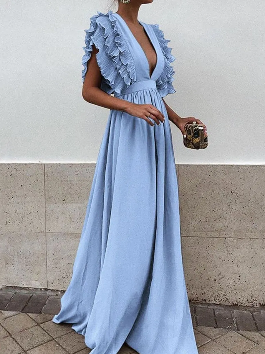 Ruffle Sleeve Plunge V-neck Solid Maxi Dress