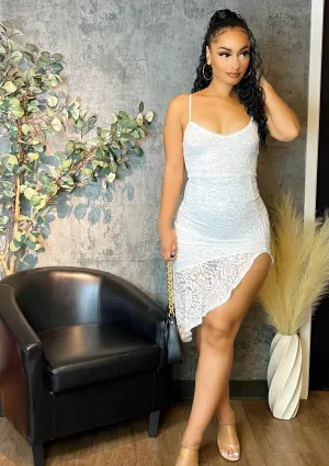 Ruffled Lace Front Slit Midi Dress (White)