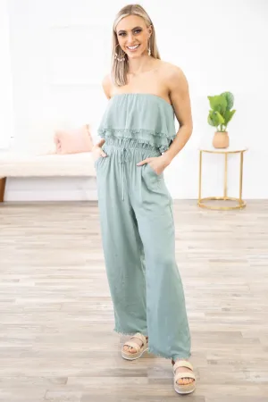 Sage Strapless Fray Trim Jumpsuit