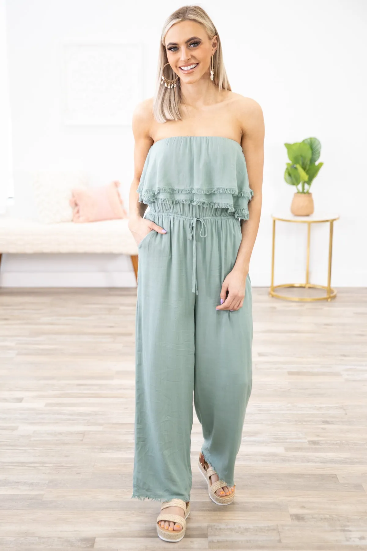 Sage Strapless Fray Trim Jumpsuit