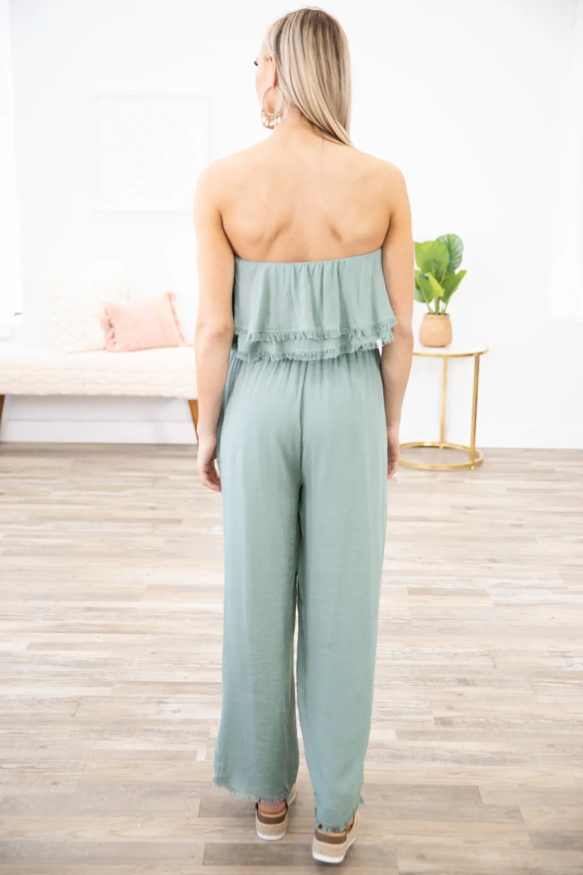 Sage Strapless Fray Trim Jumpsuit