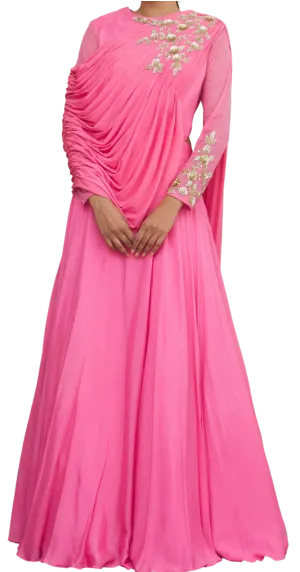 SAMPLE SALE: Pink Draped Gown with Gold Embroidery