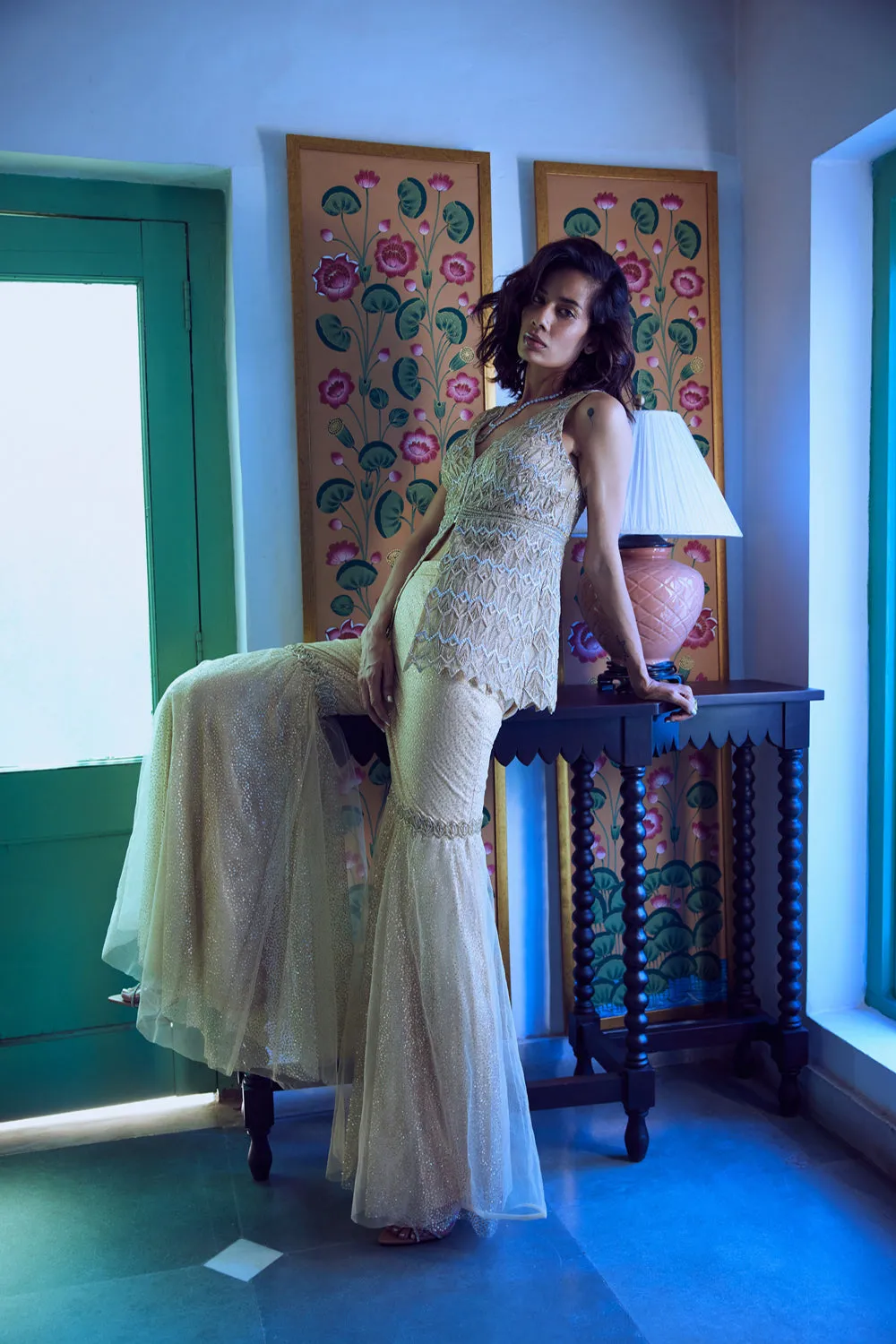 Sangeet Night/Mehendi Outfit, Gold, Tulle, Hand Embroidery, Sharara
