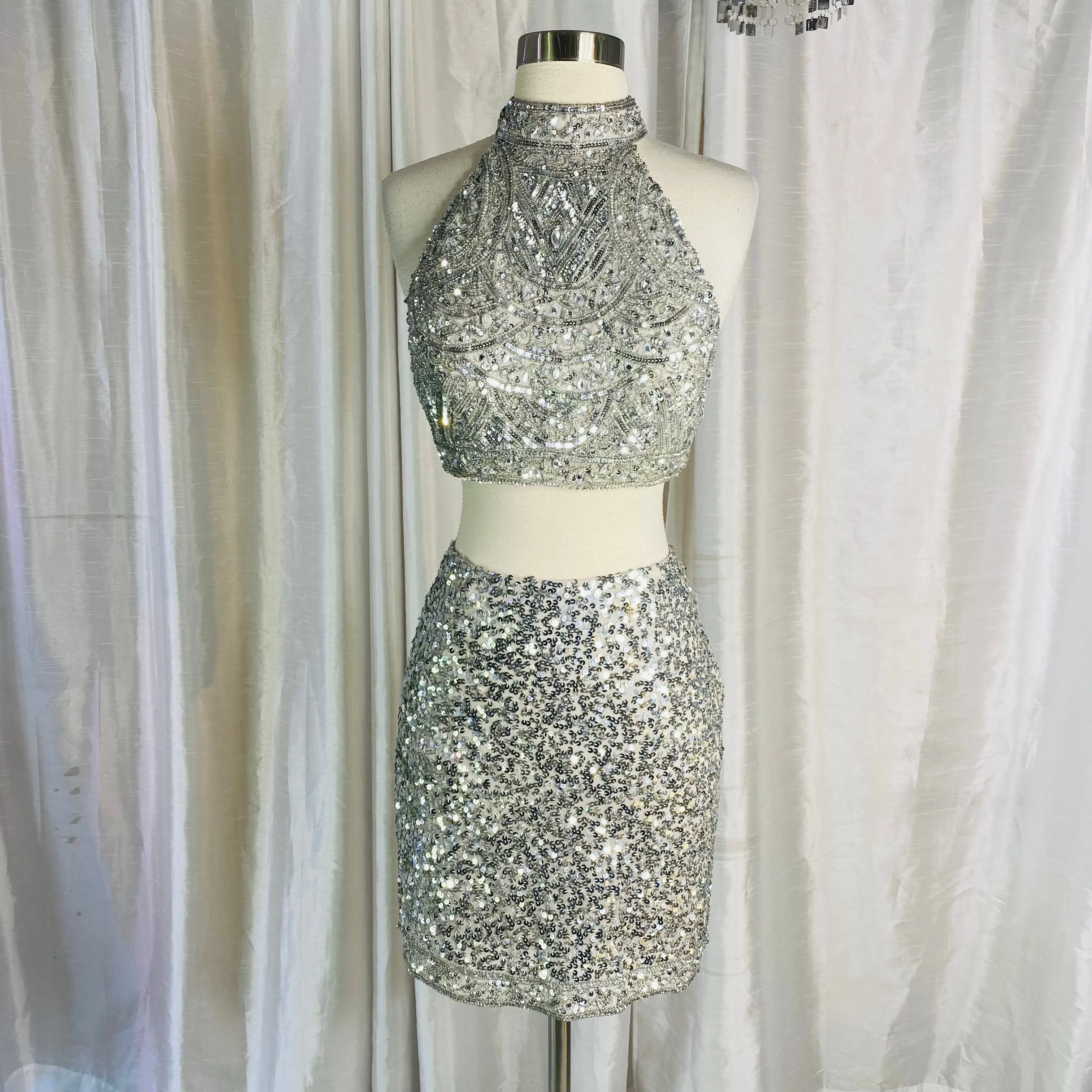 SCALA C25398A Silver Sequin Embellished Two-Piece Halter Skirt Set Size 6