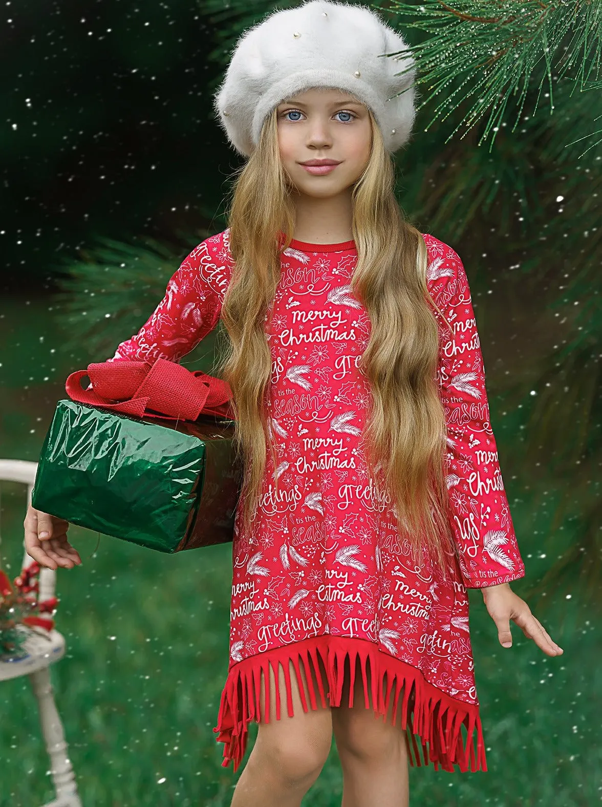 Season Greetings Long Sleeve Fringe Hem Dress