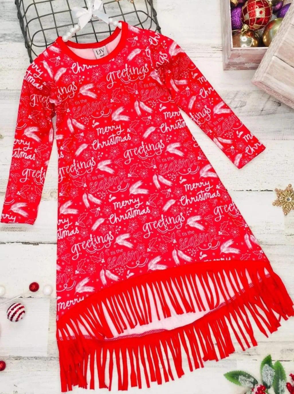 Season Greetings Long Sleeve Fringe Hem Dress