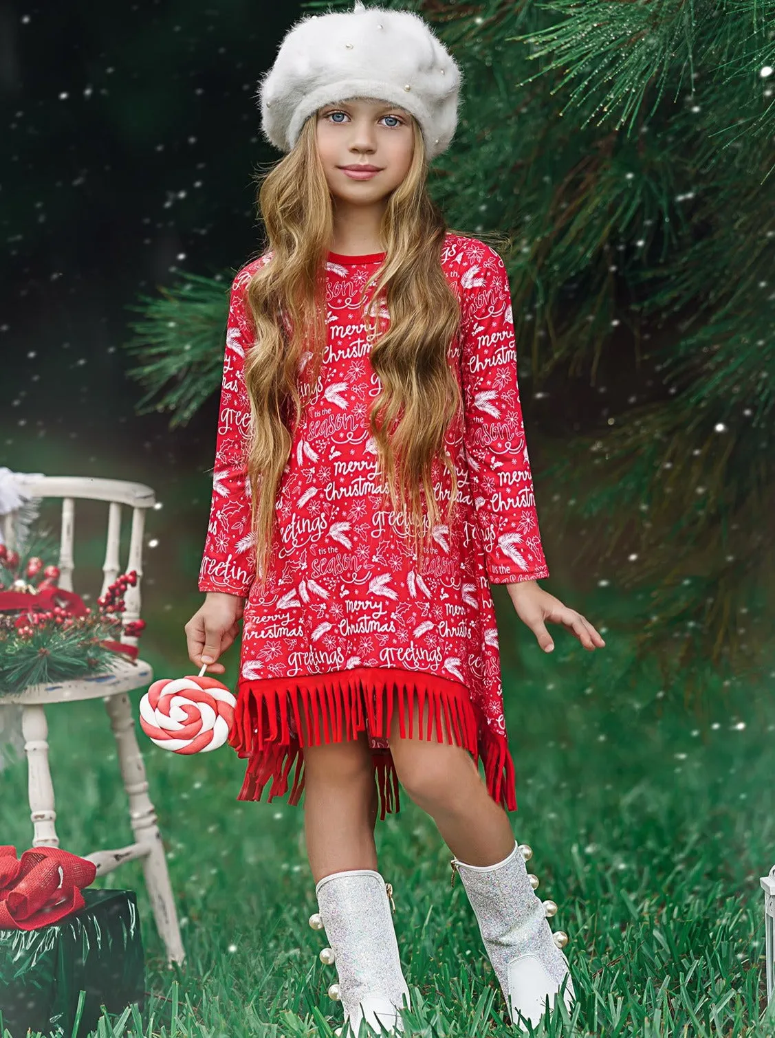 Season Greetings Long Sleeve Fringe Hem Dress