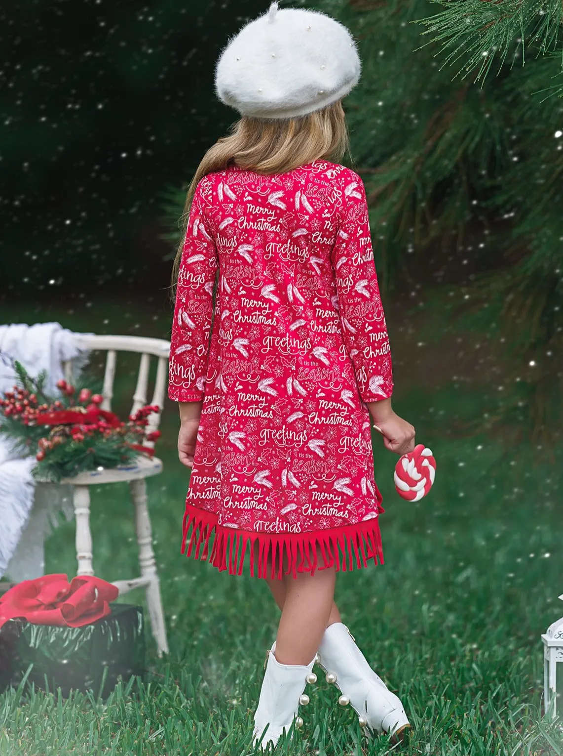 Season Greetings Long Sleeve Fringe Hem Dress