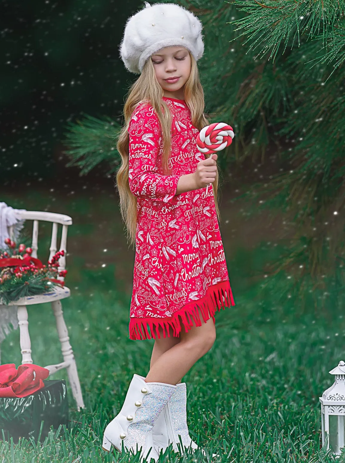 Season Greetings Long Sleeve Fringe Hem Dress