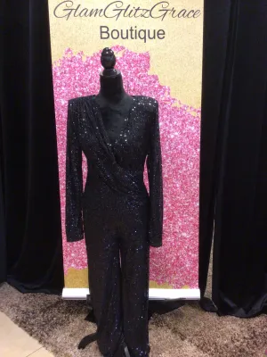 Sequin Flare Legged Jumpsuit Black Cross Over V-neck Line