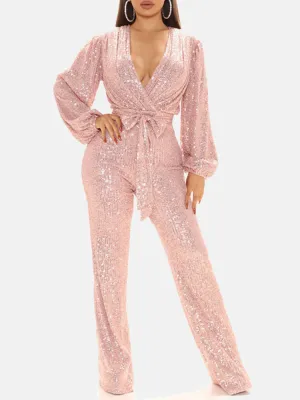 Sequin Long Sleeve V Neck Jumpsuits