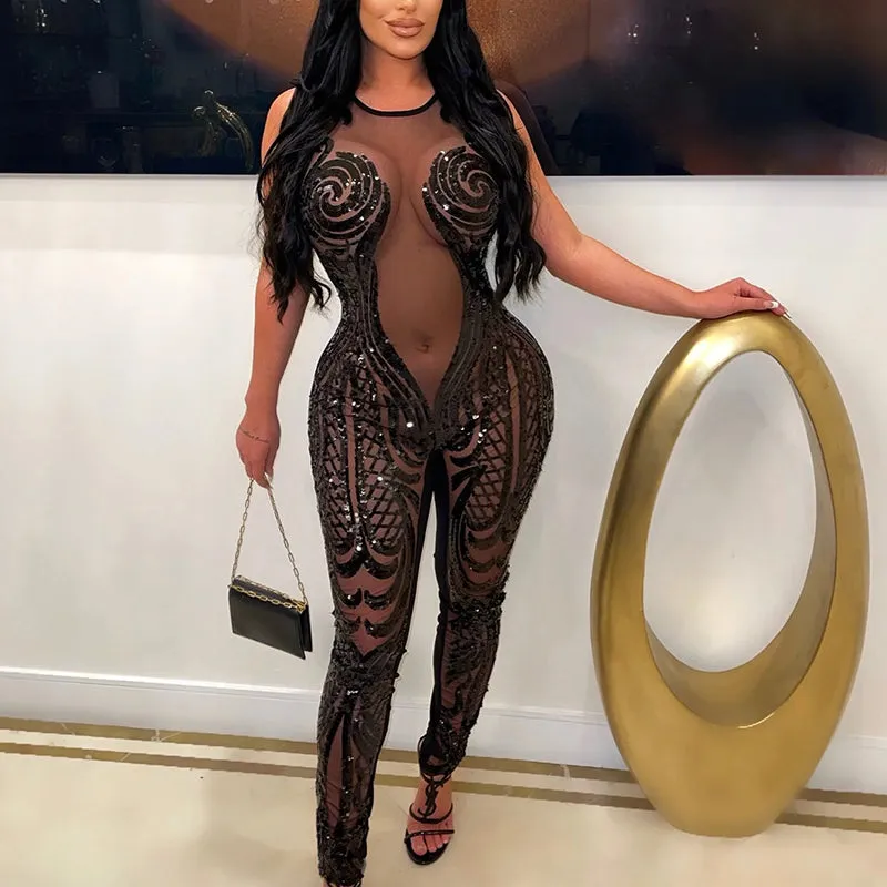 Sequin Sheer Mesh Sleeveless Jumpsuit