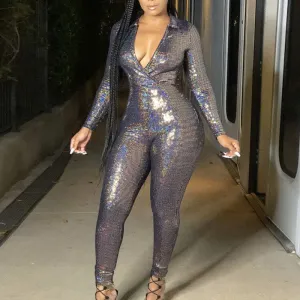 Sequins Deep V-Neck Long Sleeve Jumpsuit