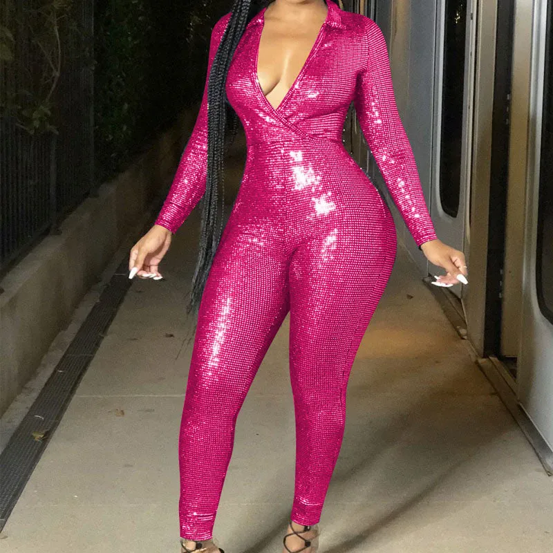 Sequins Deep V-Neck Long Sleeve Jumpsuit