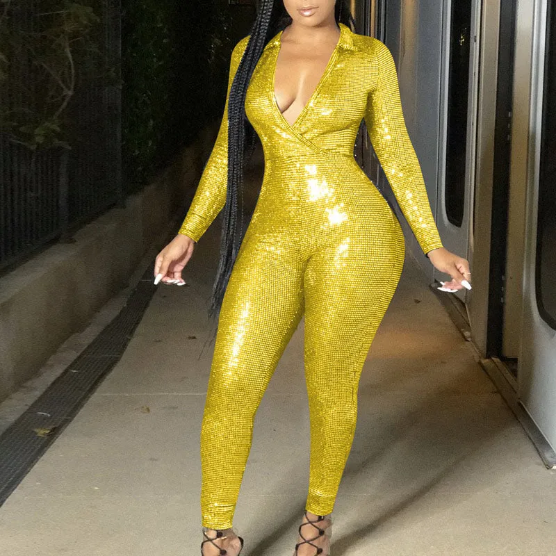 Sequins Deep V-Neck Long Sleeve Jumpsuit