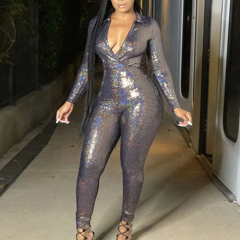 Sequins Deep V-Neck Long Sleeve Jumpsuit