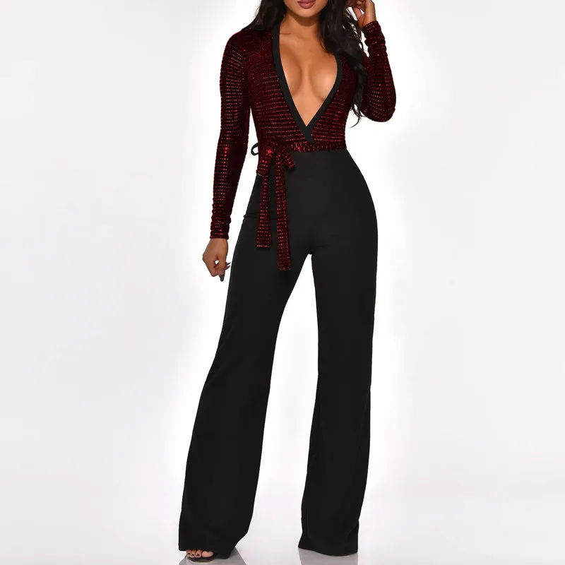 Sequins Deep V-Neck Tied Jumpsuit