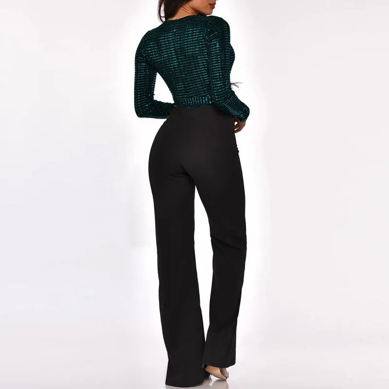 Sequins Deep V-Neck Tied Jumpsuit