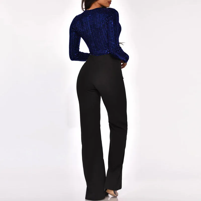 Sequins Deep V-Neck Tied Jumpsuit