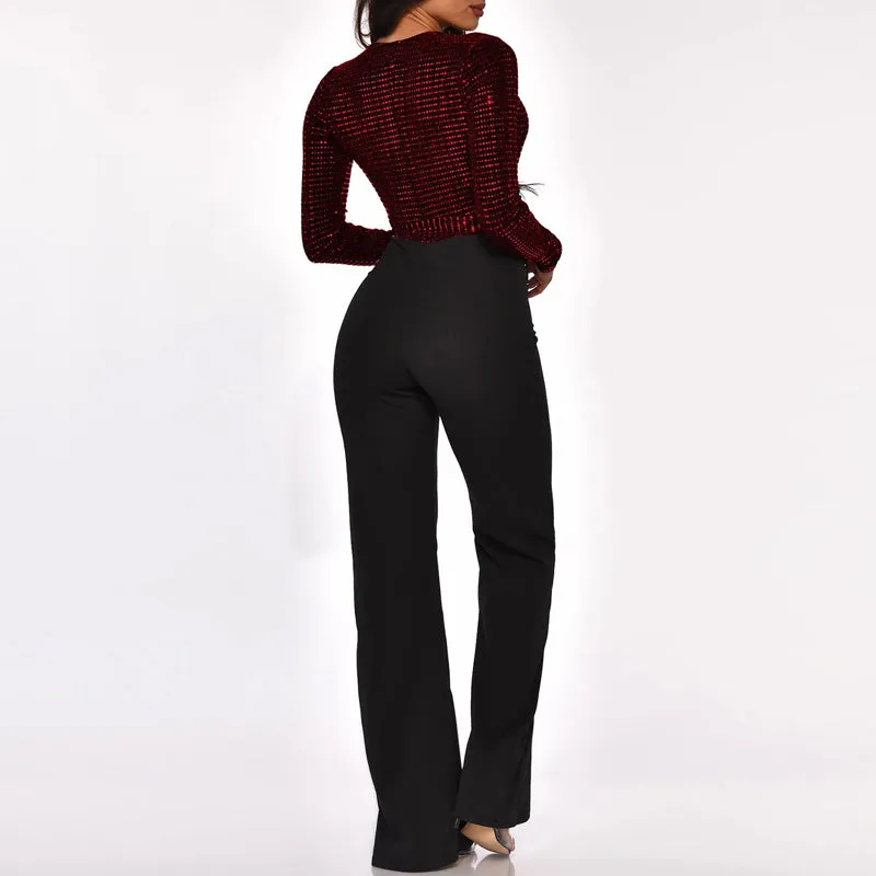 Sequins Deep V-Neck Tied Jumpsuit