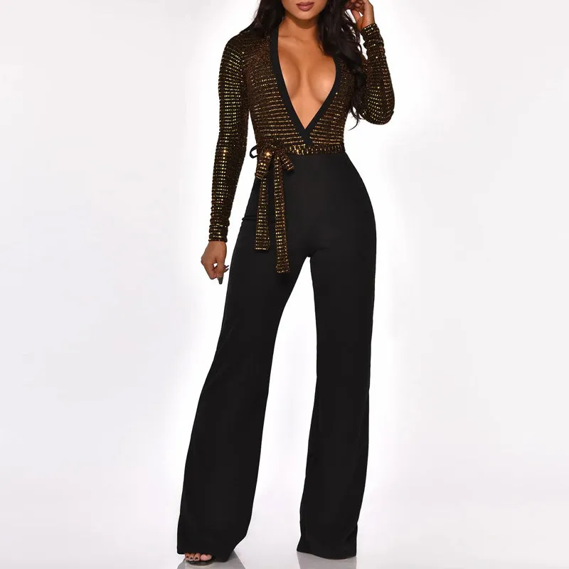 Sequins Deep V-Neck Tied Jumpsuit