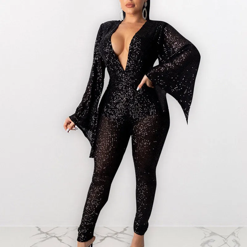 Sequins Flare Sleeve V-Neck Jumpsuit