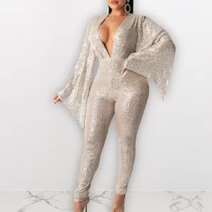 Sequins Flare Sleeve V-Neck Jumpsuit