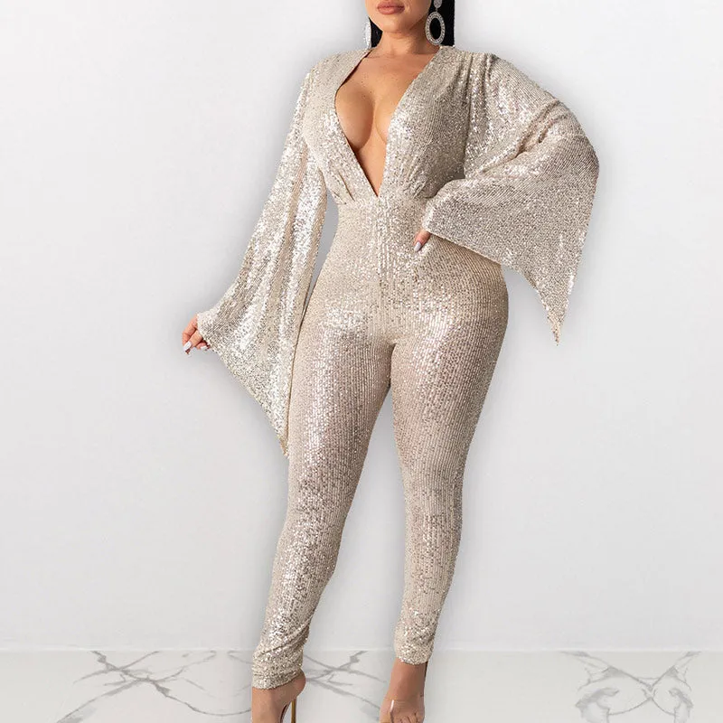 Sequins Flare Sleeve V-Neck Jumpsuit