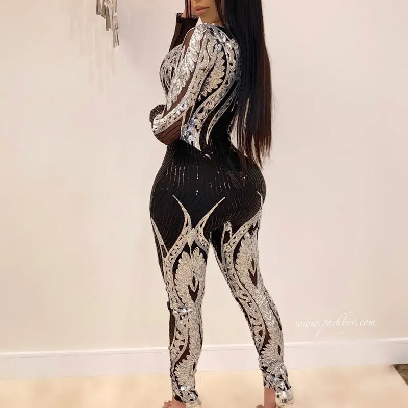 Sequins Sheer Mesh Patchwork Jumpsuit