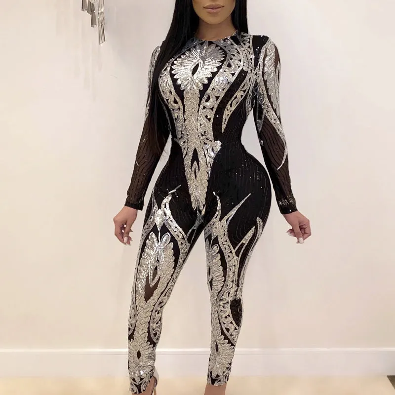 Sequins Sheer Mesh Patchwork Jumpsuit