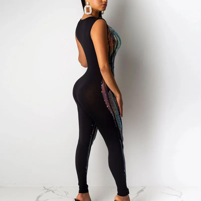 Sequins V-neck Sleeveless Party Evening Jumpsuit