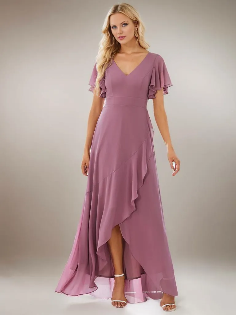 Sharana hi low bridesmaid dress in chiffon in dusky rose Express NZ wide