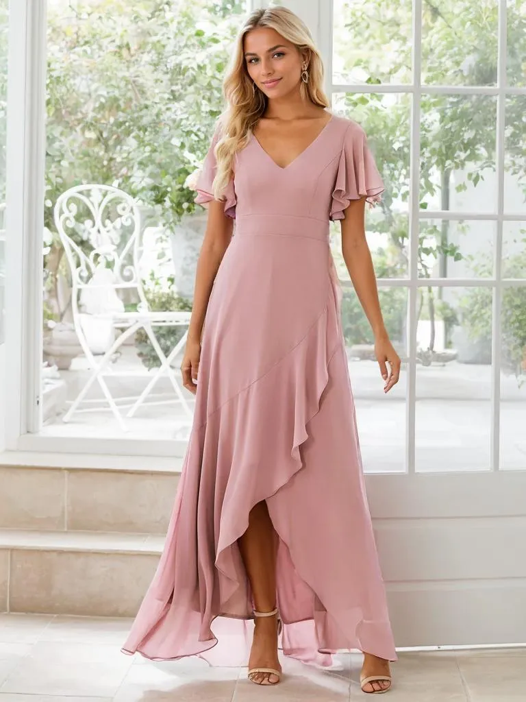 Sharana sleeved hi low bridesmaid dress in chiffon