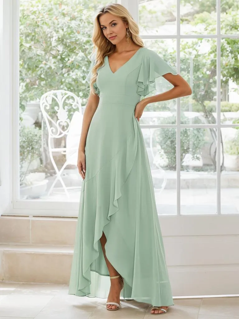 Sharana sleeved hi low bridesmaid dress in chiffon