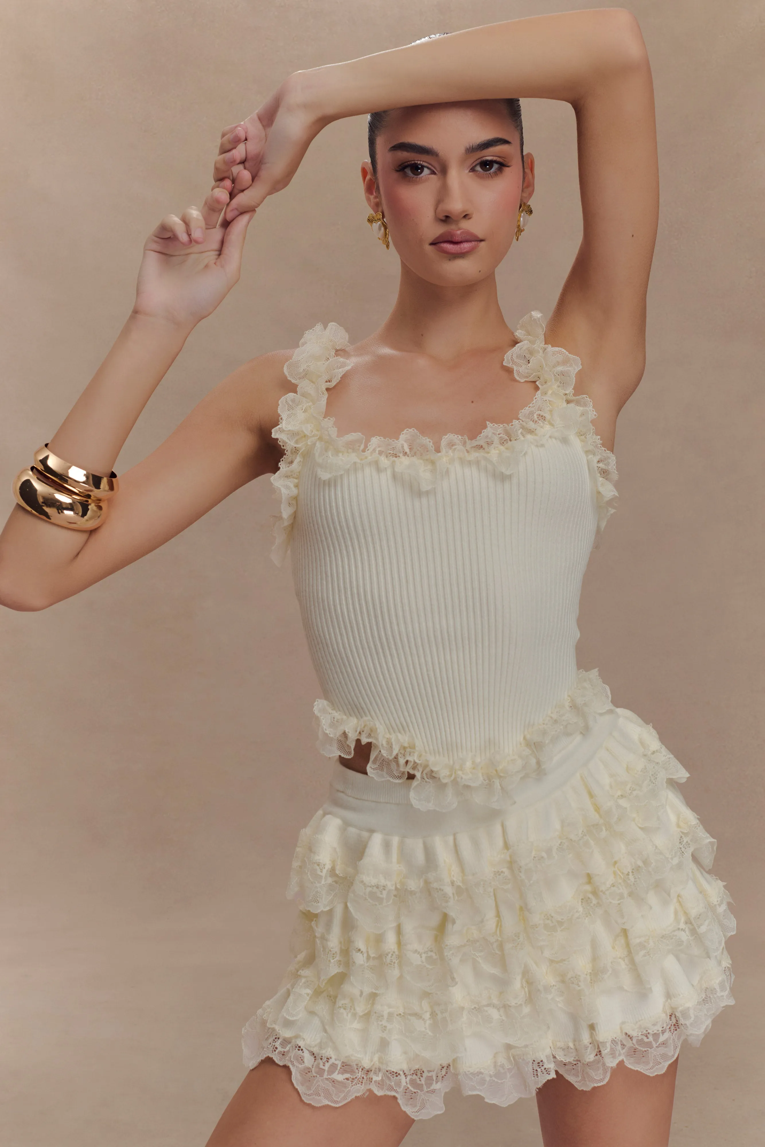 Shay Lace Ruffle Knit Top - Cream