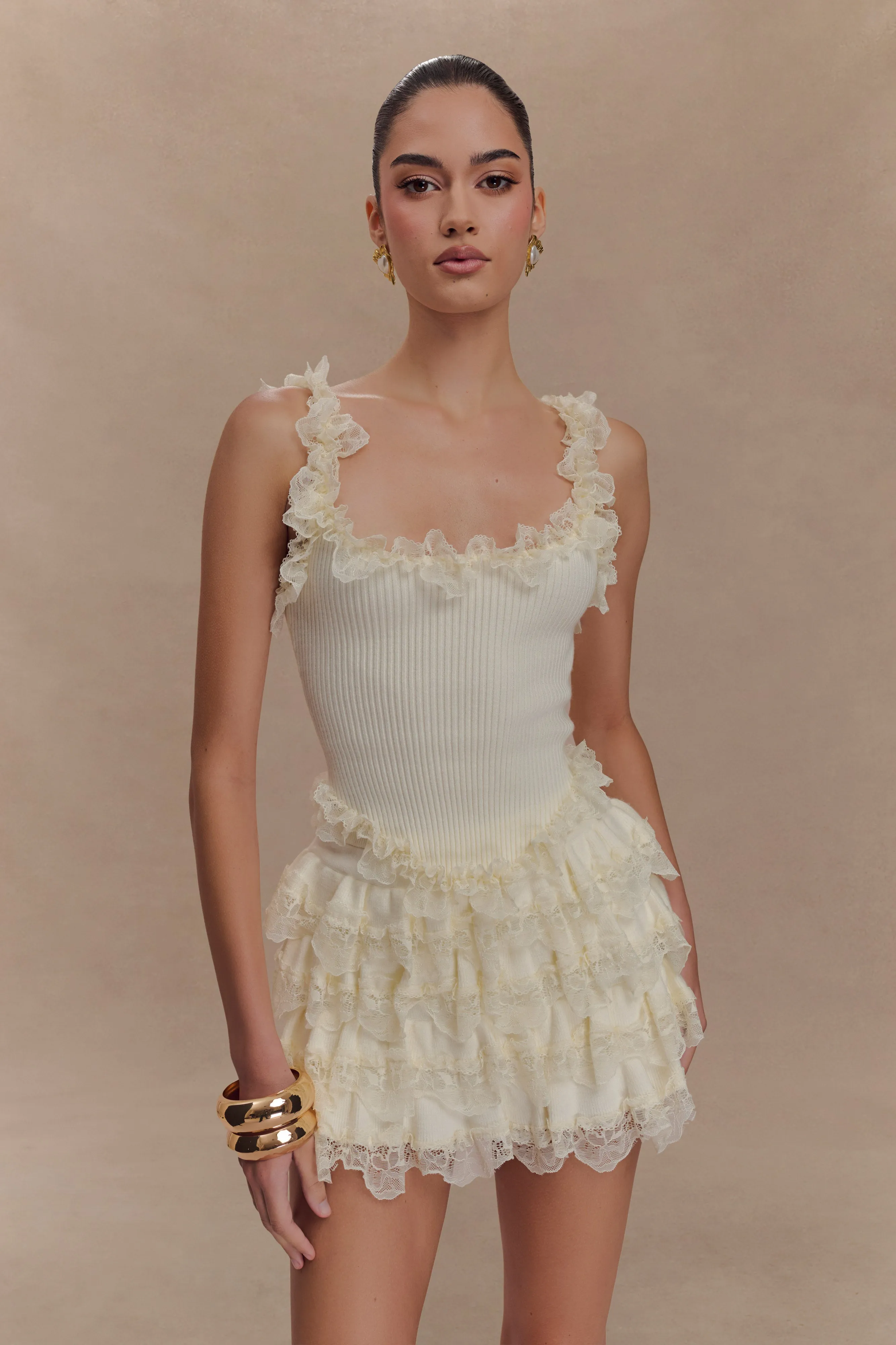 Shay Lace Ruffle Knit Top - Cream
