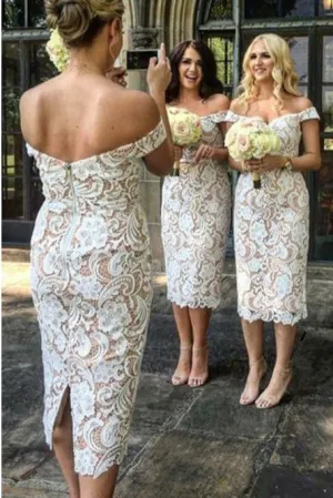 Sheath Off-the-Shoulder Tea Length White Lace Bridesmaid Dress OHS016