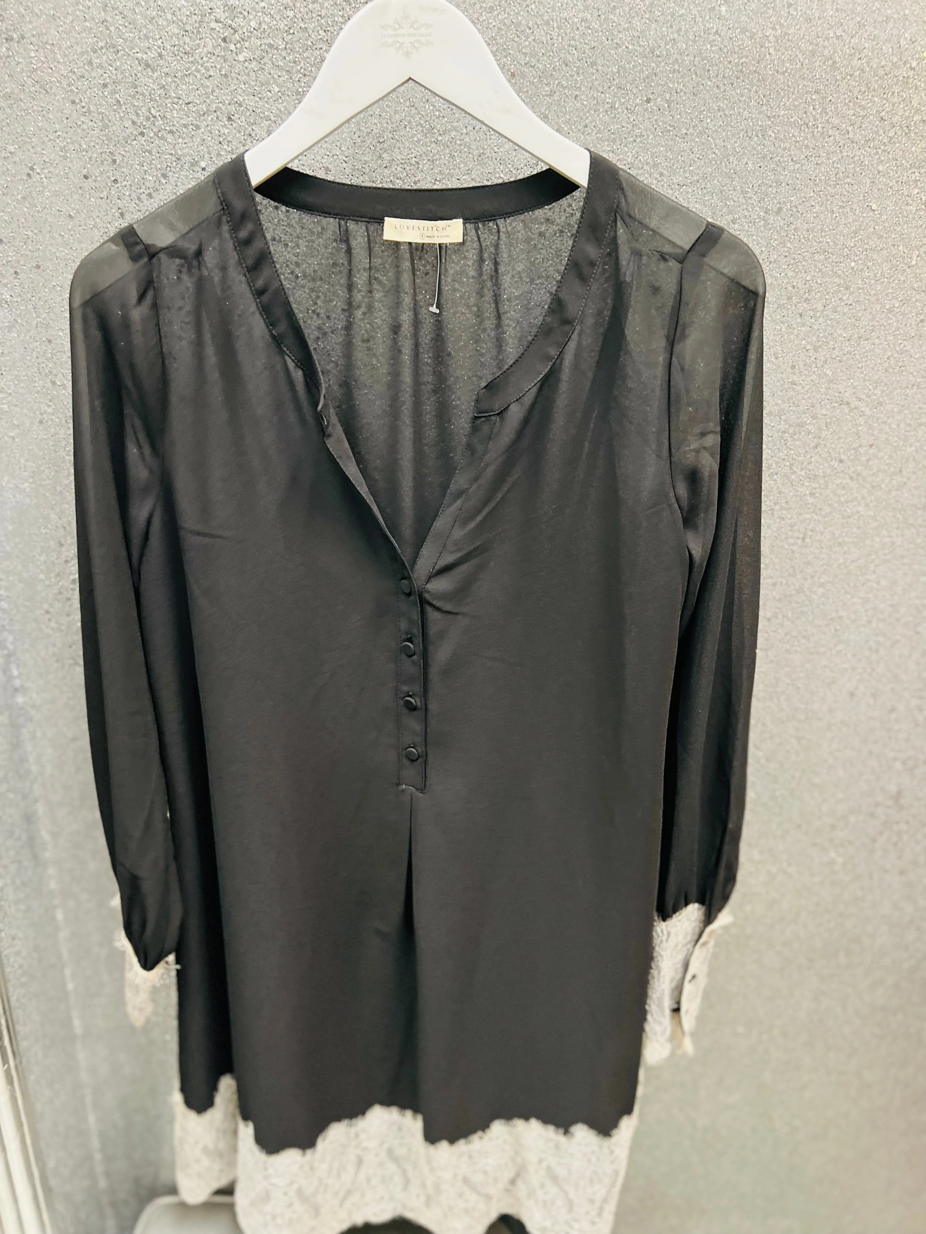 Sheer chiffon navy-black lace detail dress