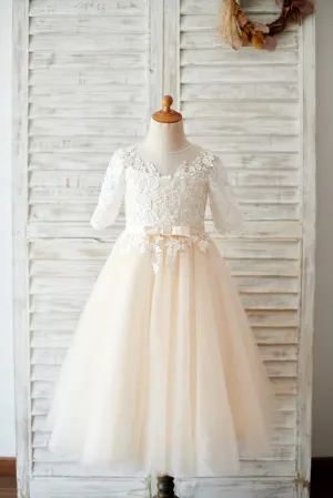 Short Elbow Sleeves Ivory Lace Champagne Tulle Wedding Flower Girl Dress