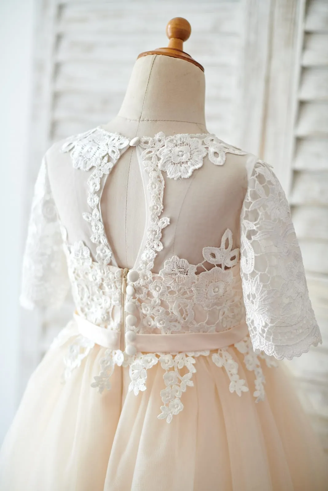 Short Elbow Sleeves Ivory Lace Champagne Tulle Wedding Flower Girl Dress