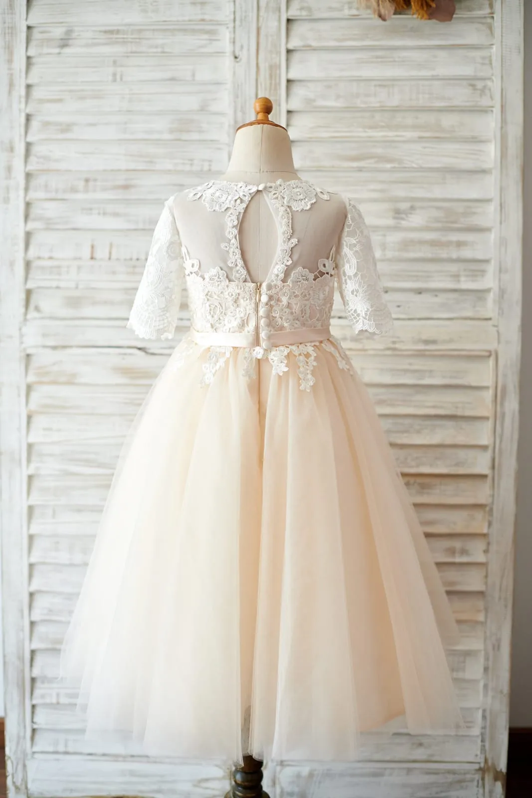 Short Elbow Sleeves Ivory Lace Champagne Tulle Wedding Flower Girl Dress