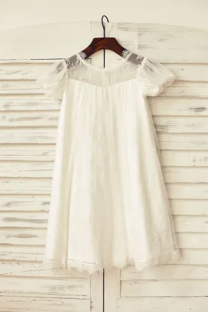 Short Puffy Sleeves Ivory Eyelash Lace Flower Girl Dress