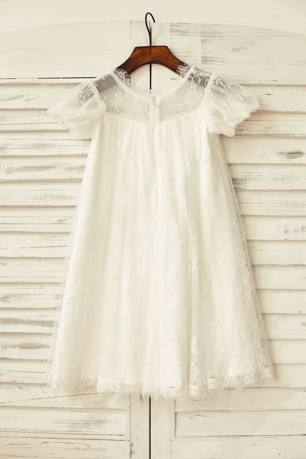 Short Puffy Sleeves Ivory Eyelash Lace Flower Girl Dress