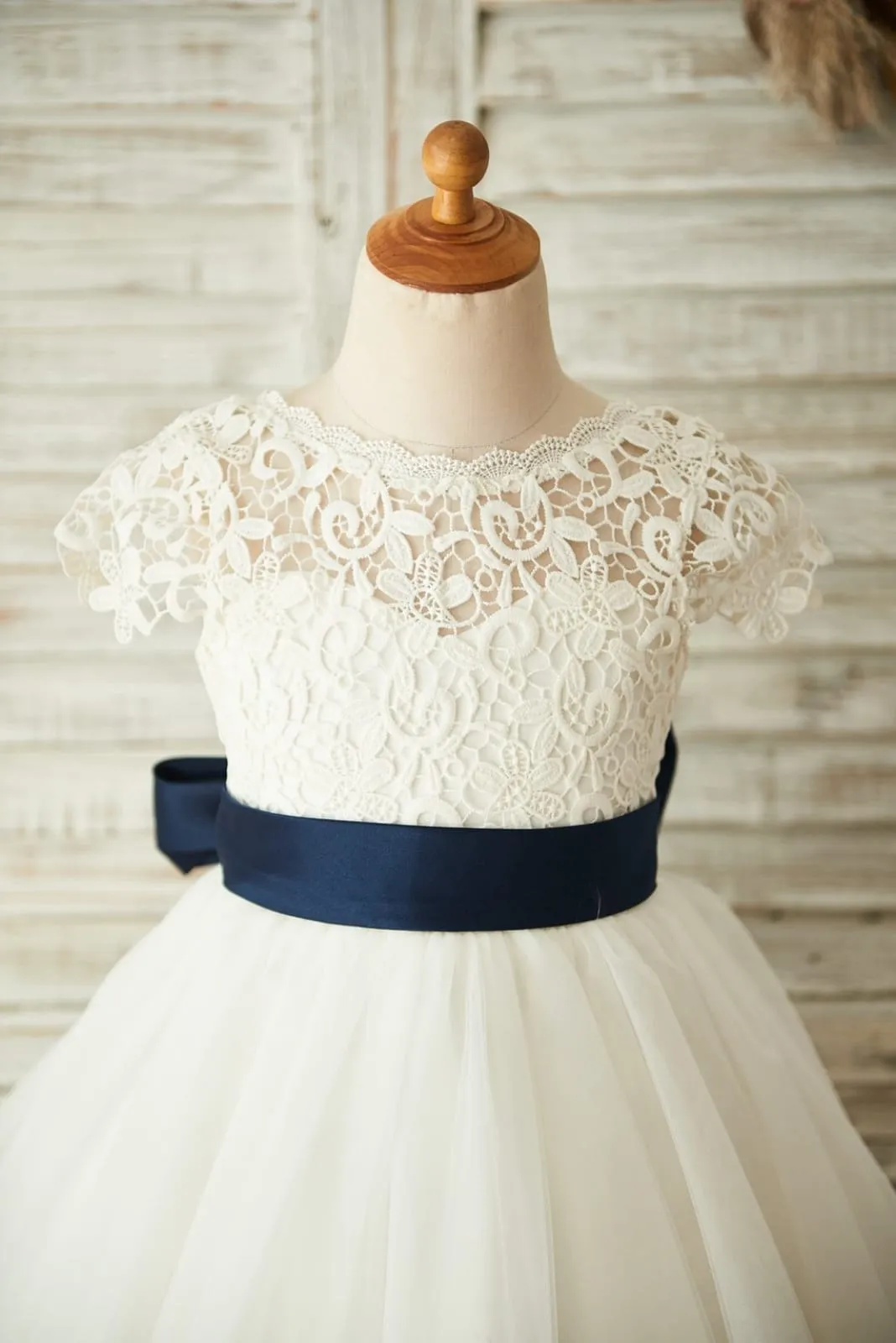 Short Sleeves V Back Lace Tulle Wedding Flower Girl Dress, Navy Blue Belt