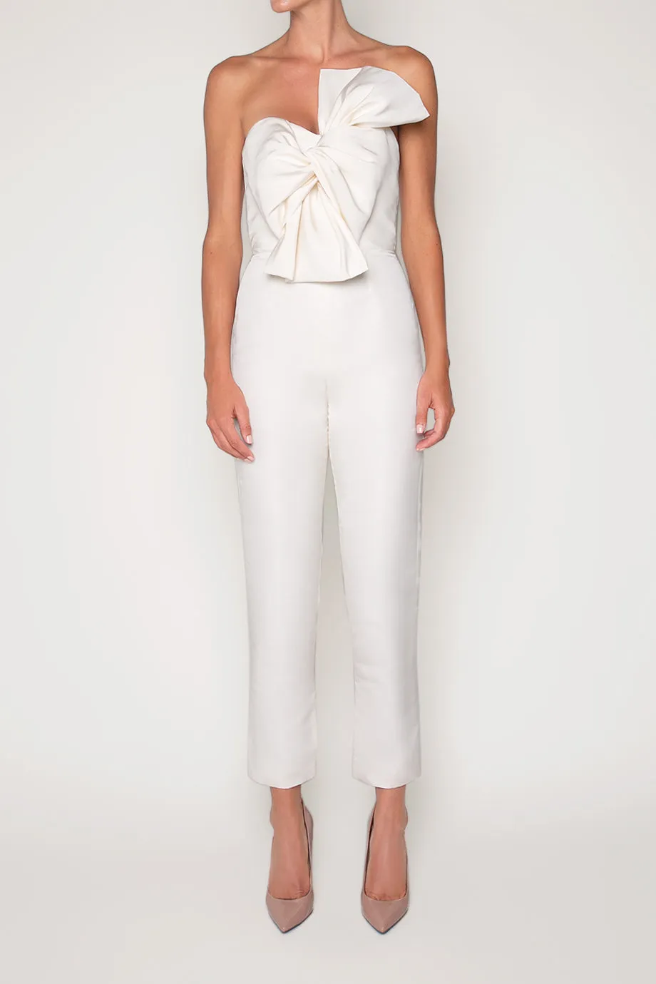 Silk Faille Twisted Bow Jumpsuit with Convertible Skirt
