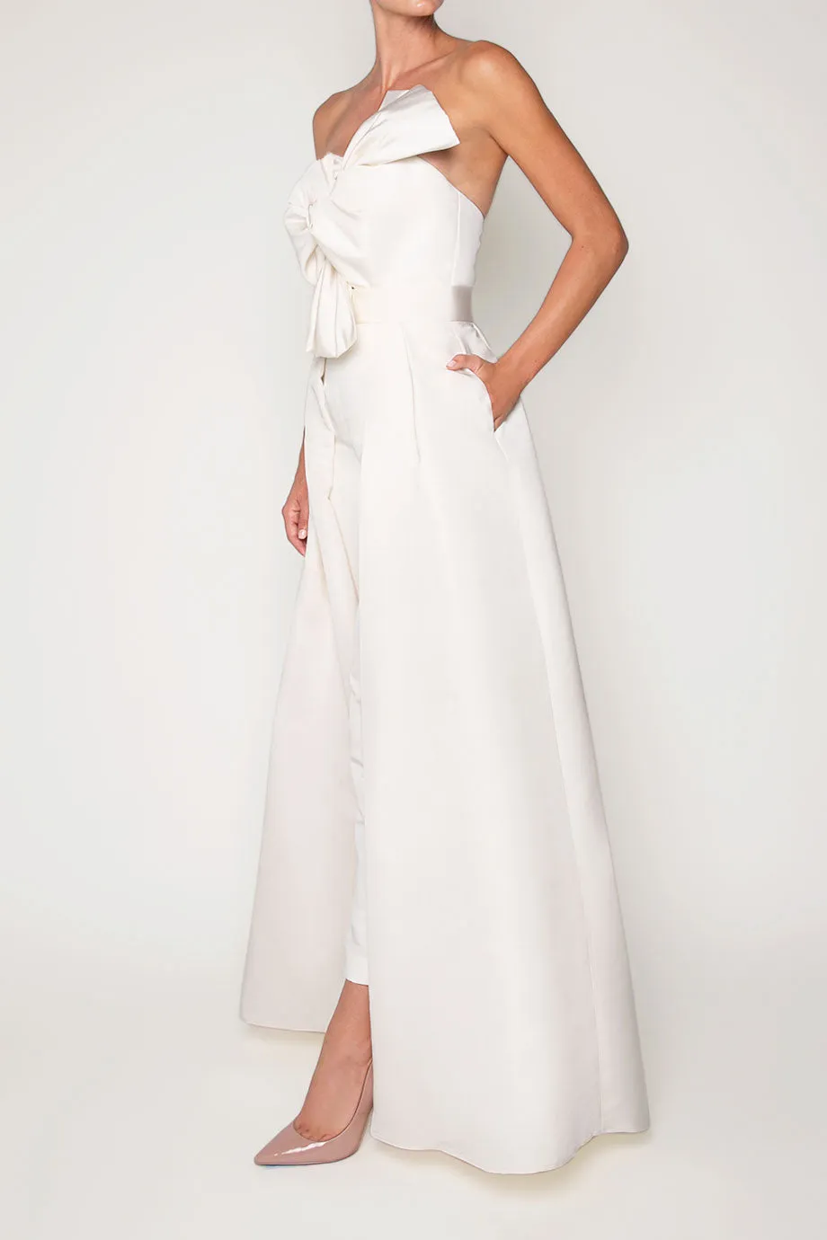 Silk Faille Twisted Bow Jumpsuit with Convertible Skirt