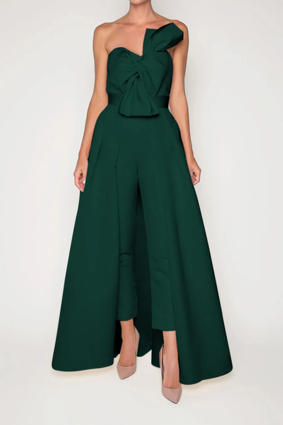 Silk Faille Twisted Bow Jumpsuit with Convertible Skirt